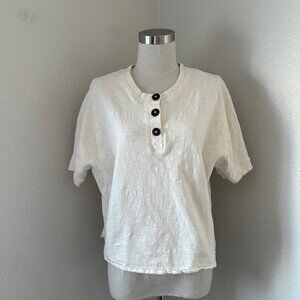 Madewell Henley Boxy Fit Shirt Dolman Short Sleeve Cotton Jersey Raw Hem Ivory